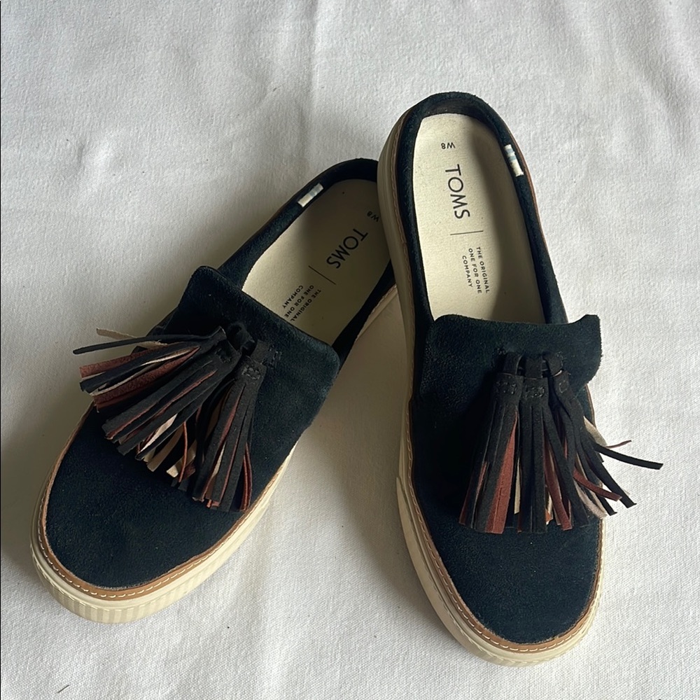 TOMS Black Suede Tassel Loafers with Brown Accent